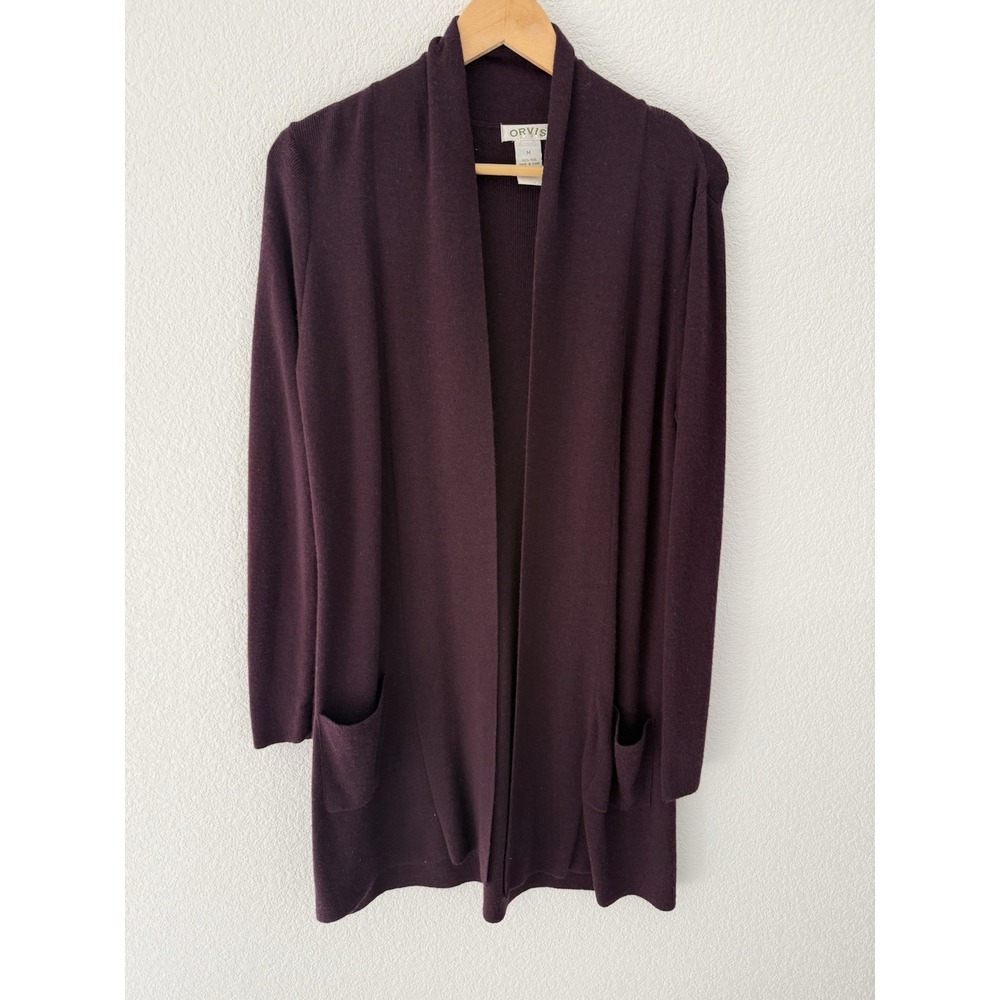 Orvis 100% Wool Long Open Cardigan Womens Medium Purple Pockets